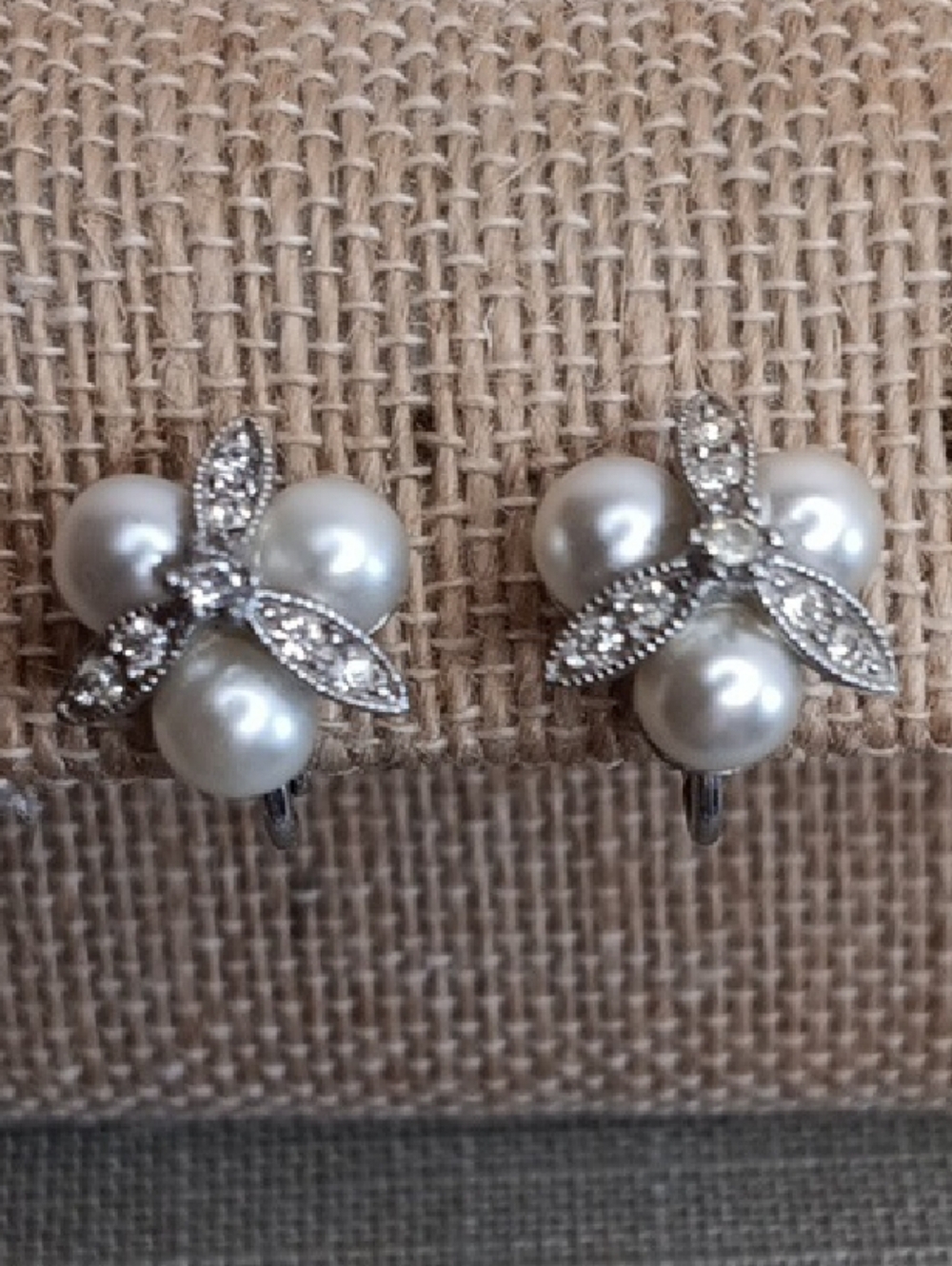 Pearl Trio Rhinestone Accent Silver Tone Clip Earrings Vintage